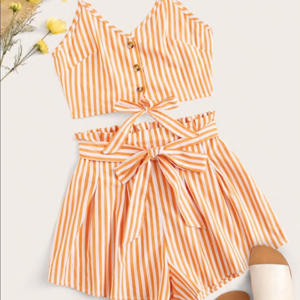 Striped Button Front Tie Top & Belted Shorts Set!